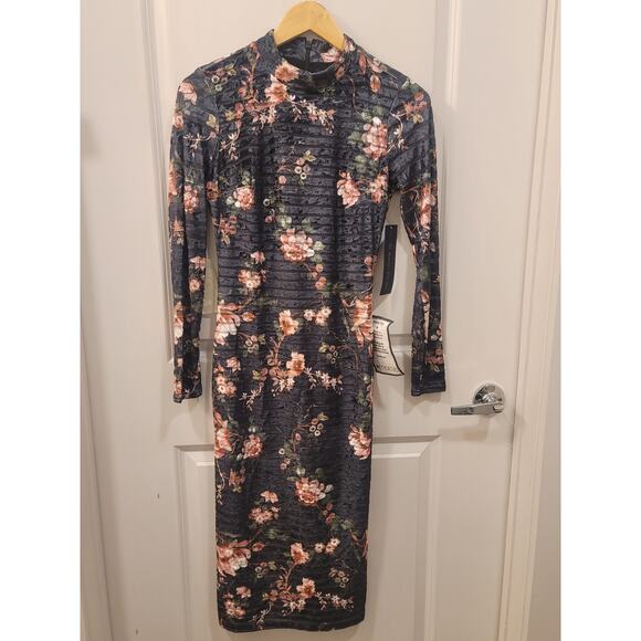 Rachel Roy Velvet Floral Print Midi Dress with Mockneck - Picture 2 of 8